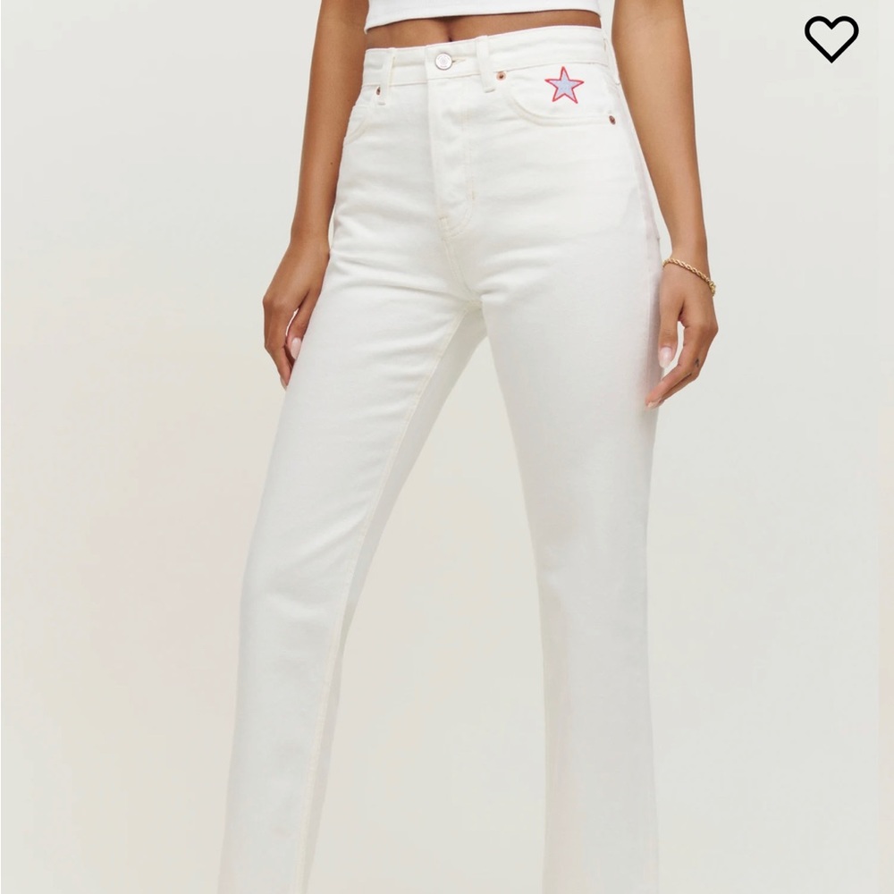 Reformation Cynthia Jeans. Never Worn. White with Embroidered Stars. Size 28.